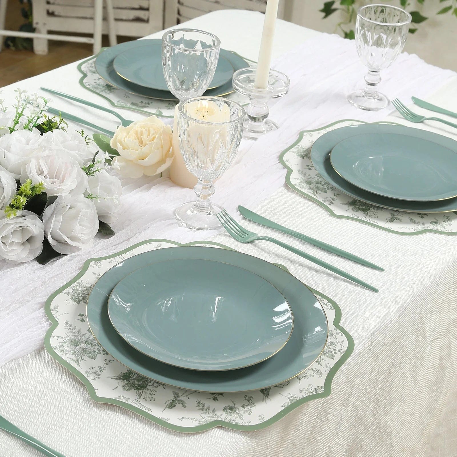 10 White and Sage Green Disposable Cardboard Paper Placemats with French Toile Pattern