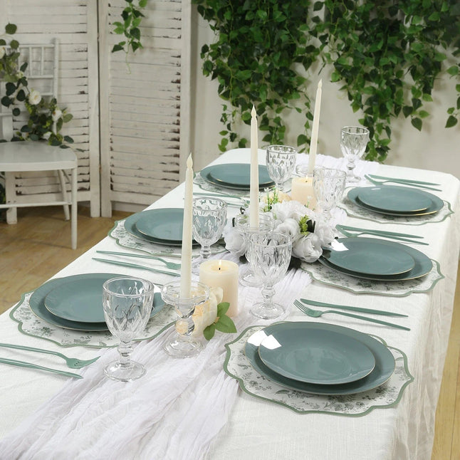 10 White and Sage Green Disposable Cardboard Paper Placemats with French Toile Pattern