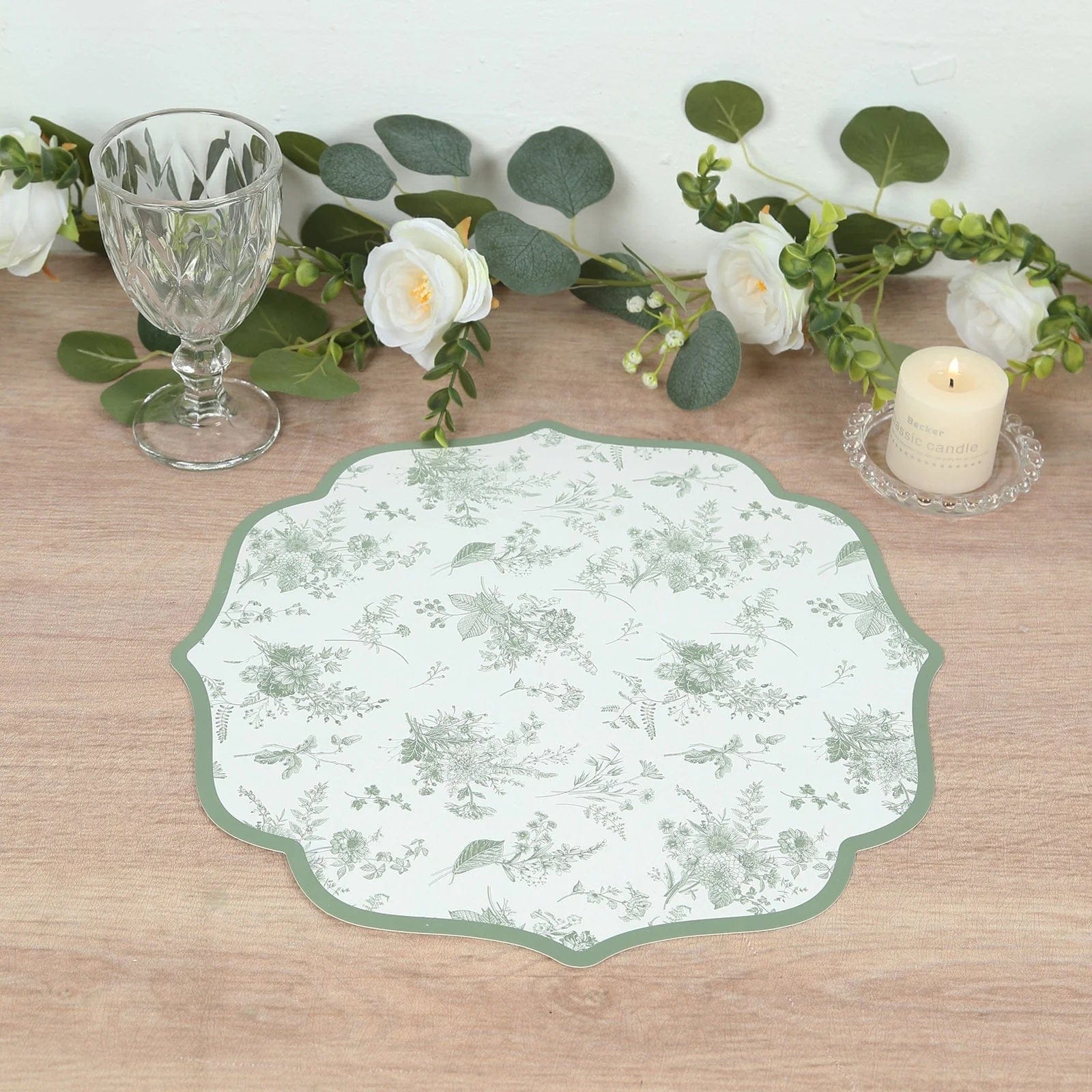 10 White and Sage Green Disposable Cardboard Paper Placemats with French Toile Pattern