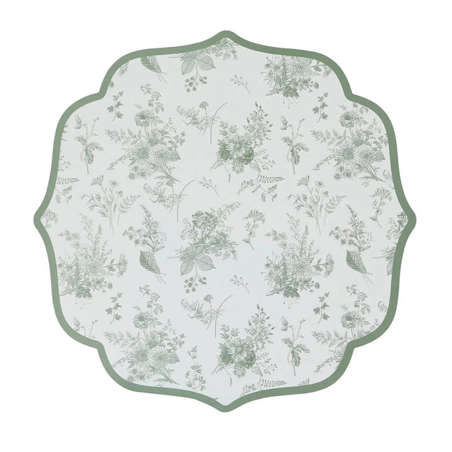 10 White and Sage Green Disposable Cardboard Paper Placemats with French Toile Pattern