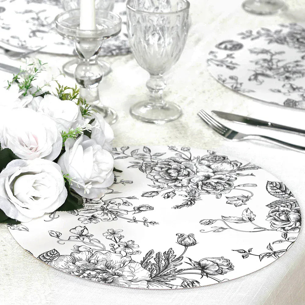 10 White Cardboard Disposable Table Placemats with French Toile Print