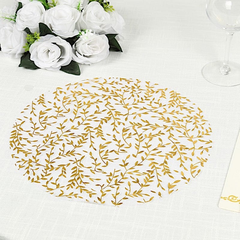 50 White Mesh Organza Round Disposable Placemats with Gold Foil Leaf Vines