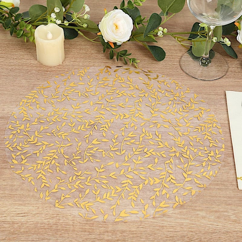 50 White Mesh Organza Round Disposable Placemats with Gold Foil Leaf Vines