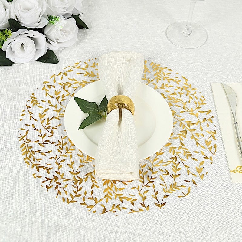 50 White Mesh Organza Round Disposable Placemats with Gold Foil Leaf Vines