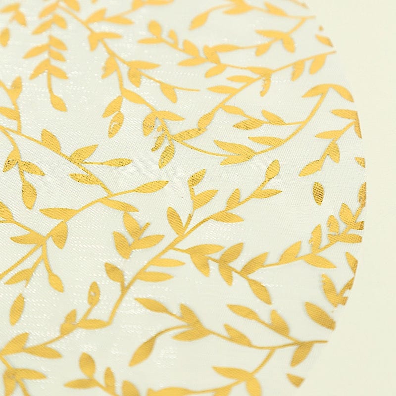50 White Mesh Organza Round Disposable Placemats with Gold Foil Leaf Vines