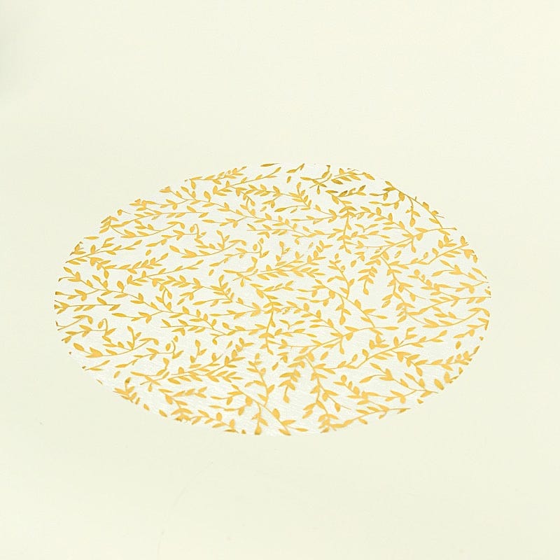 50 White Mesh Organza Round Disposable Placemats with Gold Foil Leaf Vines