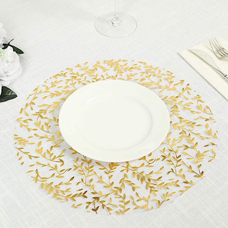 50 White Mesh Organza Round Disposable Placemats with Gold Foil Leaf Vines
