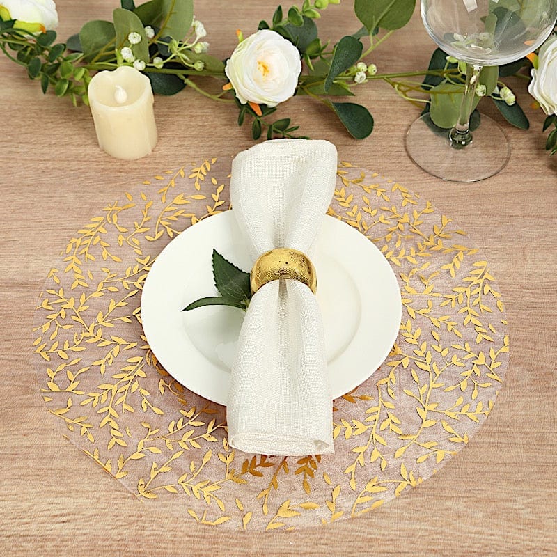 50 White Mesh Organza Round Disposable Placemats with Gold Foil Leaf Vines