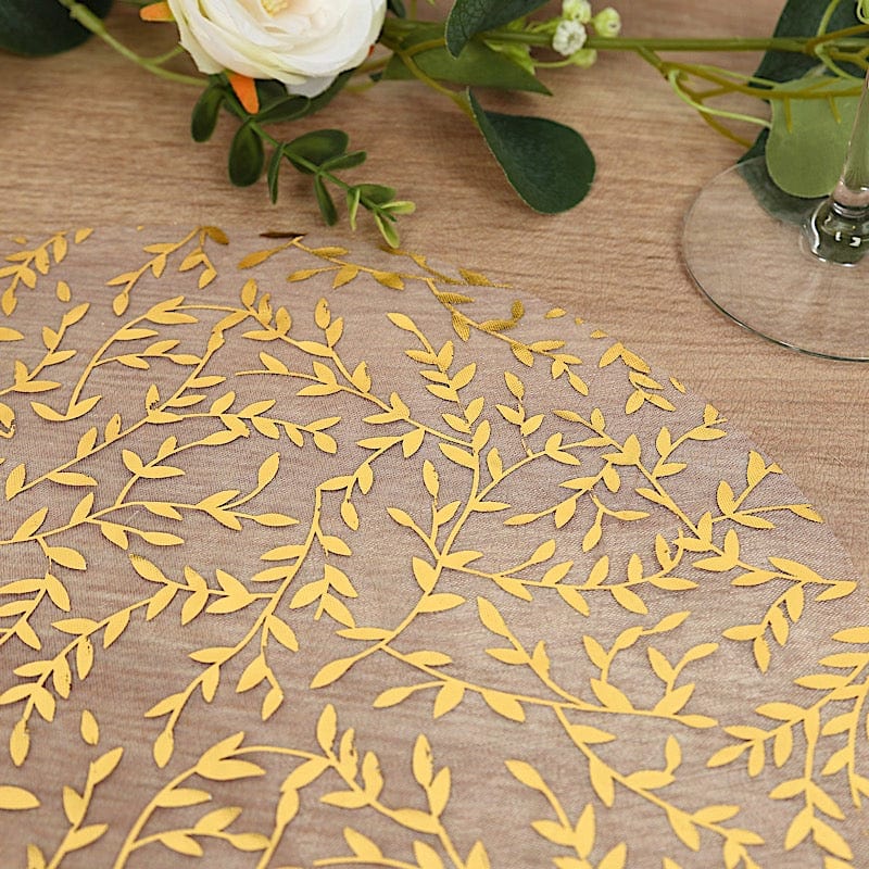 50 White Mesh Organza Round Disposable Placemats with Gold Foil Leaf Vines