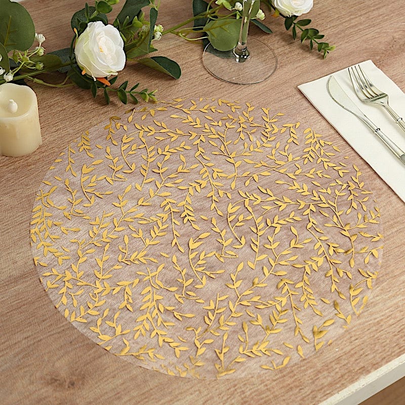 50 White Mesh Organza Round Disposable Placemats with Gold Foil Leaf Vines