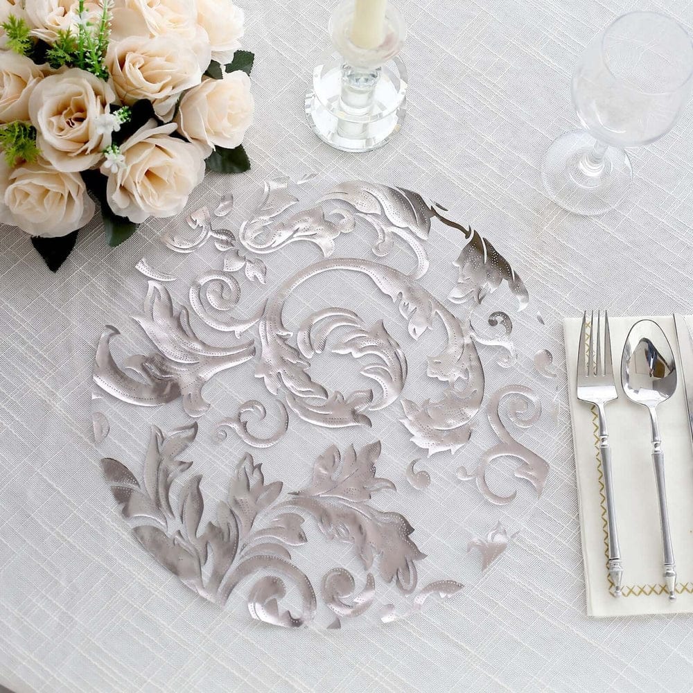 50 Round 13 in Sheer Organza Placemats with Metallic Swirl Foil Floral Design