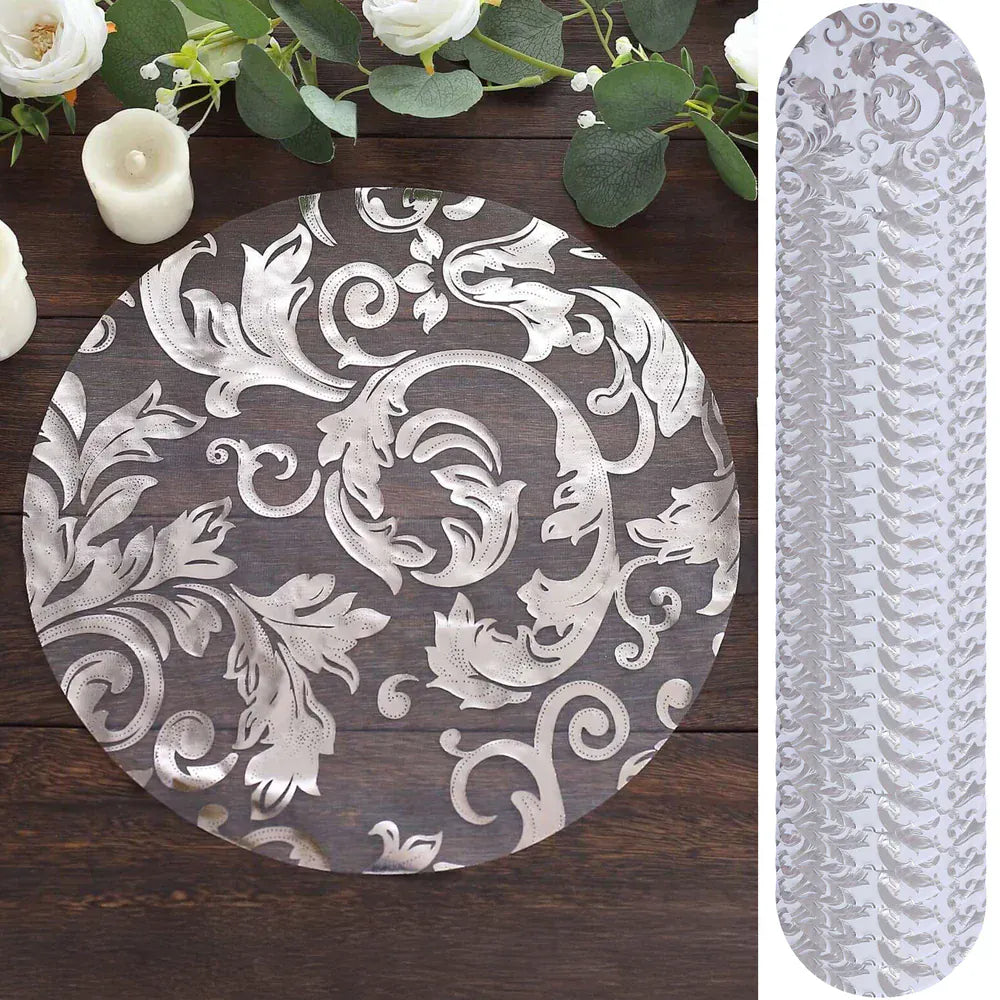 50 Round 13 in Sheer Organza Placemats with Metallic Swirl Foil Floral Design