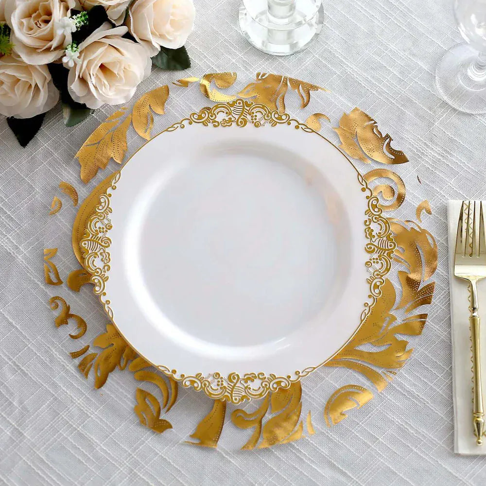 50 Round 13 in Sheer Organza Placemats with Metallic Swirl Foil Floral Design