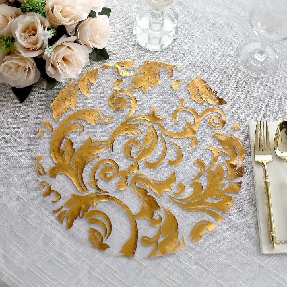 50 Round 13 in Sheer Organza Placemats with Metallic Swirl Foil Floral Design