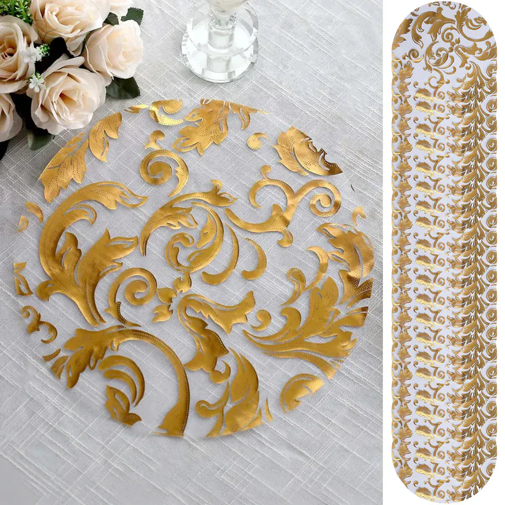 50 Round 13 in Sheer Organza Placemats with Metallic Swirl Foil Floral Design