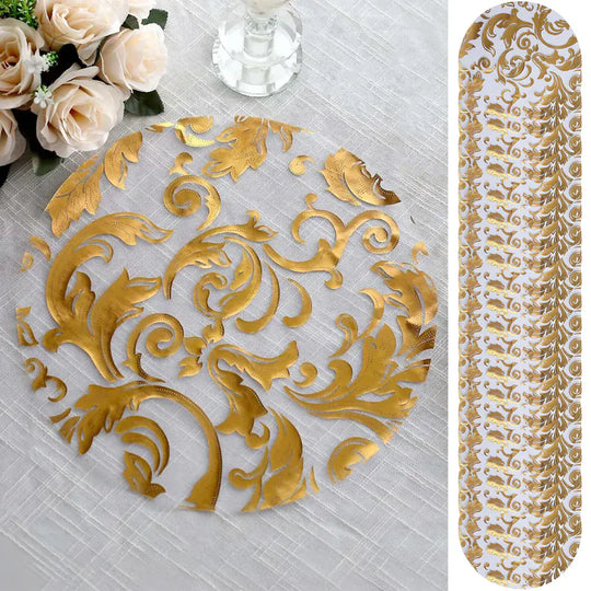 50 Round 13 in Sheer Organza Placemats with Metallic Swirl Foil Floral Design