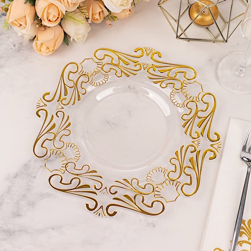 10 Clear Round Disposable Salad Dinner Plastic Plates with Gold Baroque Design