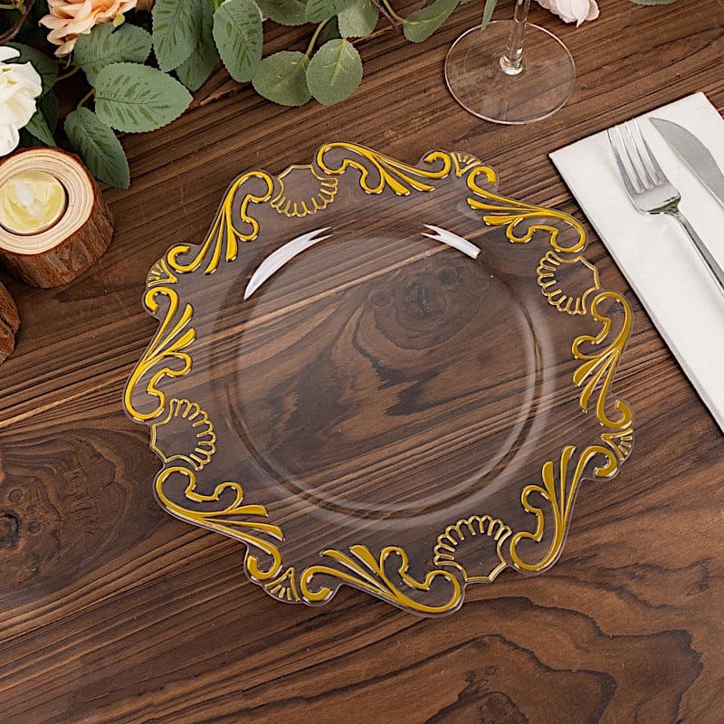 10 Clear Round Disposable Salad Dinner Plastic Plates with Gold Baroque Design