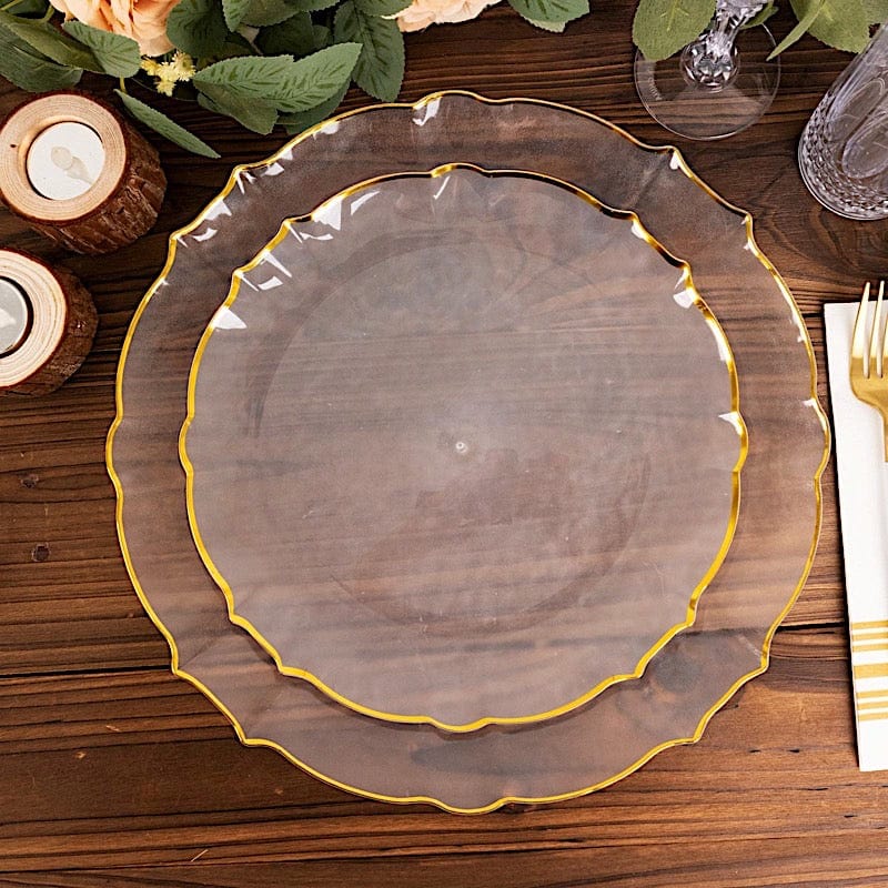 10 Clear Disposable Plastic Salad Dinner Plates with Gold Scalloped Rim
