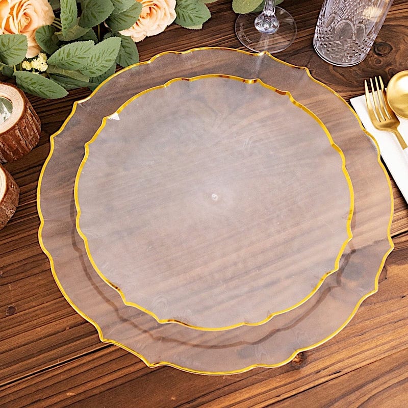 10 Clear Disposable Plastic Salad Dinner Plates with Gold Scalloped Rim