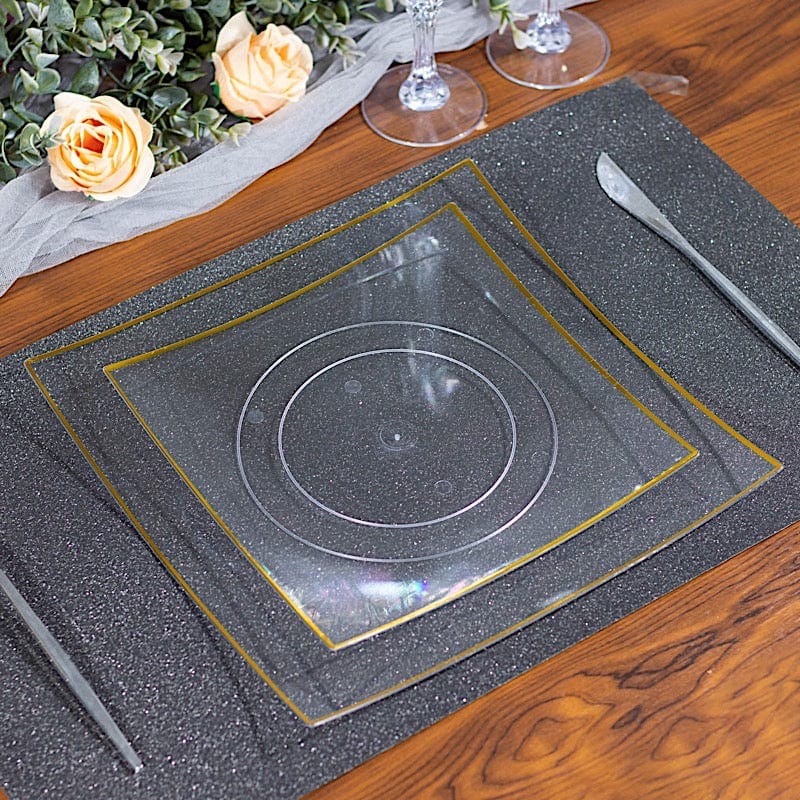 10 Concave Square Disposable Salad and Dinner Plastic Plates with Gold Trim