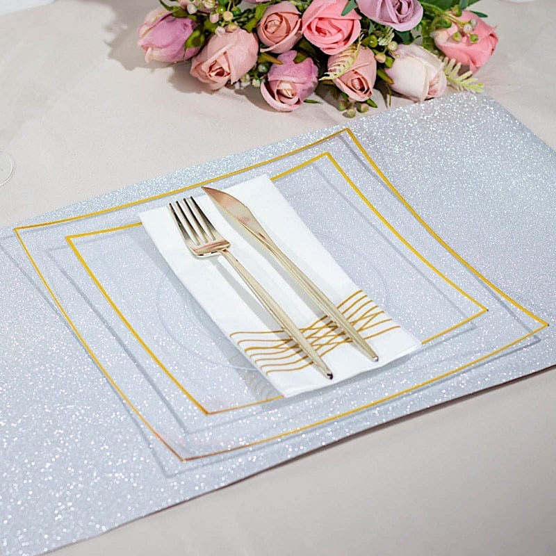 10 Concave Square Disposable Salad and Dinner Plastic Plates with Gold Trim