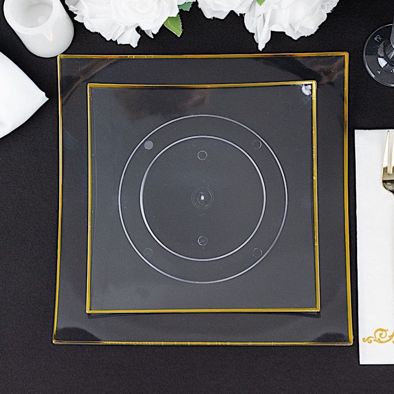 10 Concave Square Disposable Salad and Dinner Plastic Plates with Gold Trim