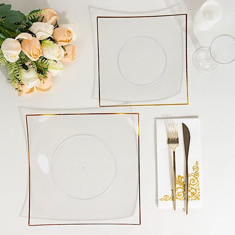 10 Concave Square Disposable Salad and Dinner Plastic Plates with Gold Trim