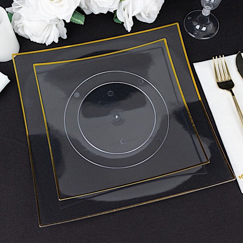 10 Concave Square Disposable Salad and Dinner Plastic Plates with Gold Trim