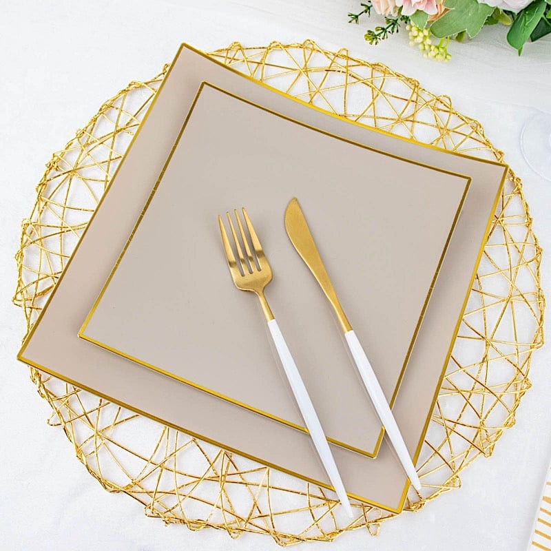 10 Concave Square Disposable Salad and Dinner Plastic Plates with Gold Trim