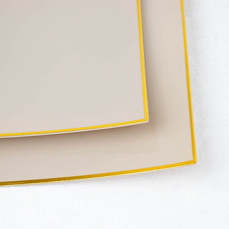 10 Concave Square Disposable Salad and Dinner Plastic Plates with Gold Trim