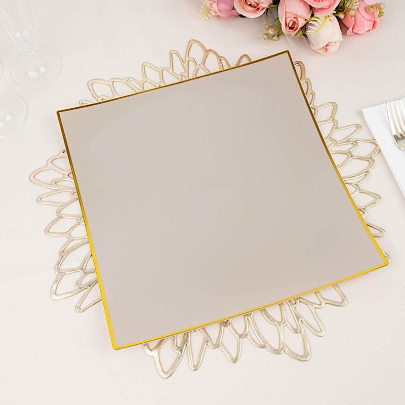10 Concave Square Disposable Salad and Dinner Plastic Plates with Gold Trim