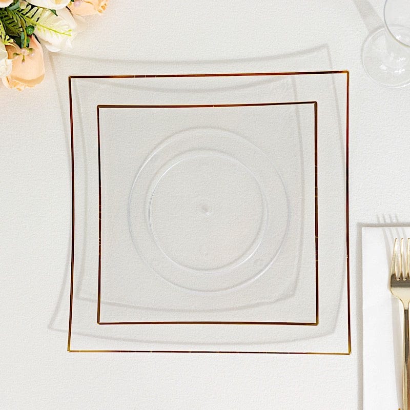 10 Concave Square Disposable Salad and Dinner Plastic Plates with Gold Trim