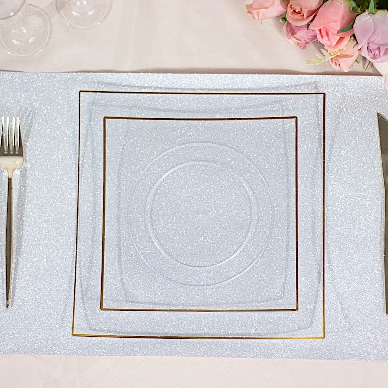 10 Concave Square Disposable Salad and Dinner Plastic Plates with Gold Trim