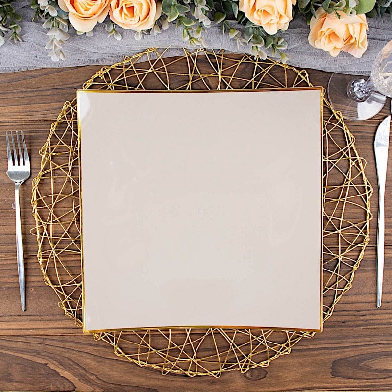 10 Concave Square Disposable Salad and Dinner Plastic Plates with Gold Trim