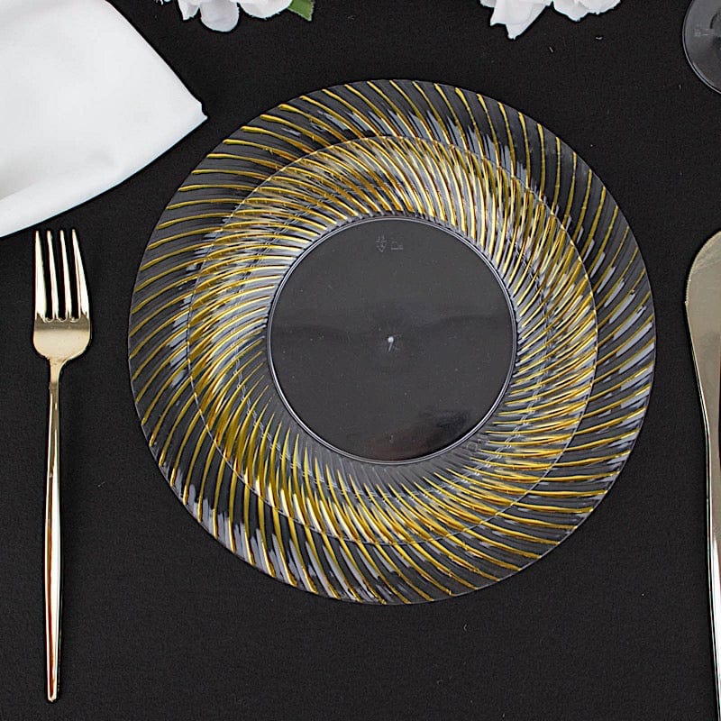 10 Round Disposable Salad and Dinner Plastic Plates with Swirl Design Trim
