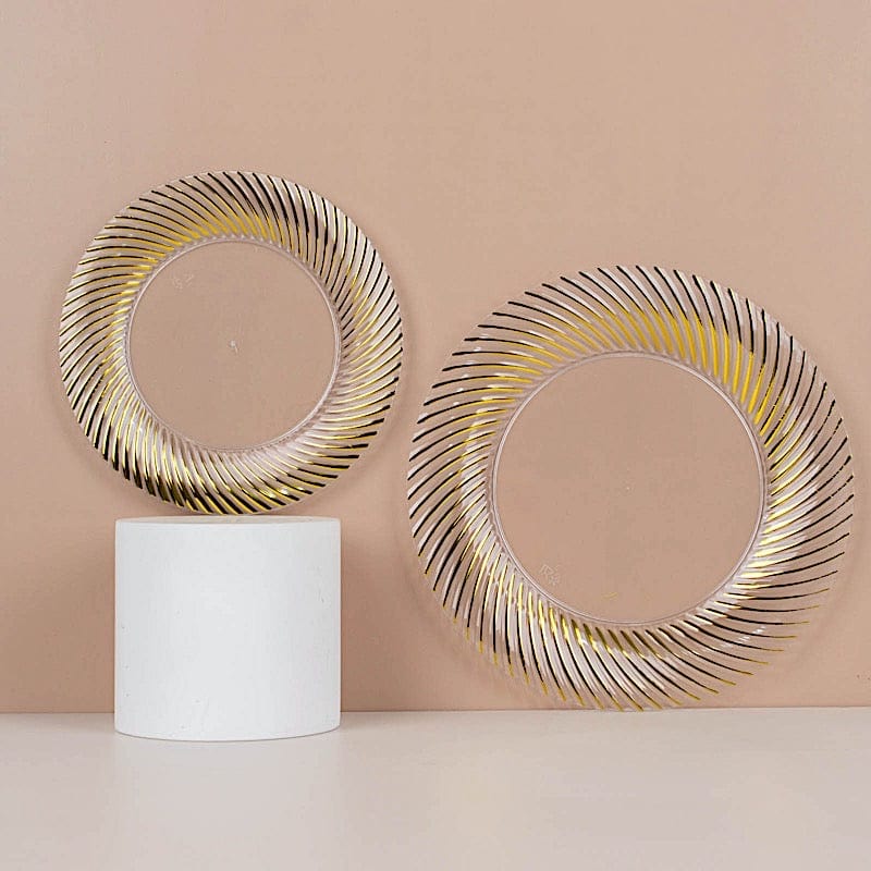 10 Round Disposable Salad and Dinner Plastic Plates with Swirl Design Trim