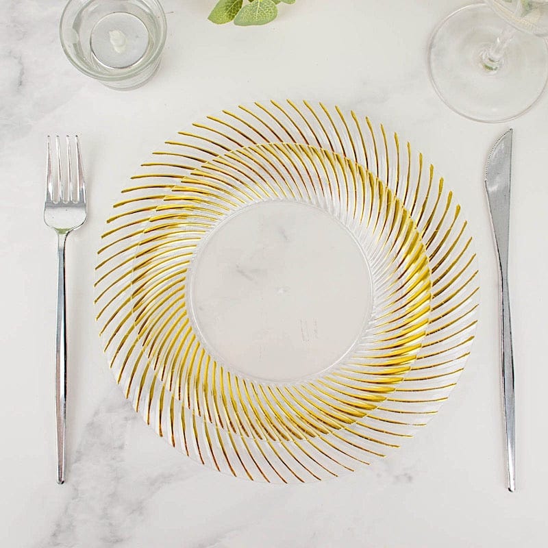 10 Round Disposable Salad and Dinner Plastic Plates with Swirl Design Trim