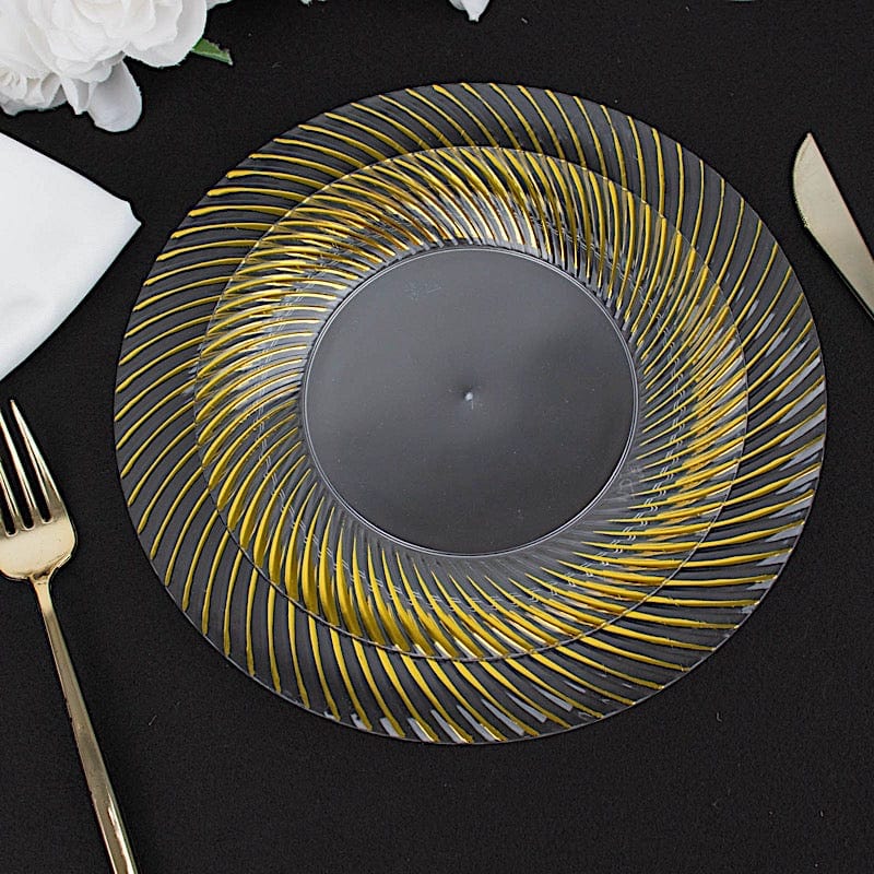 10 Round Disposable Salad and Dinner Plastic Plates with Swirl Design Trim