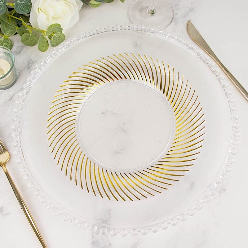 10 Round Disposable Salad and Dinner Plastic Plates with Swirl Design Trim