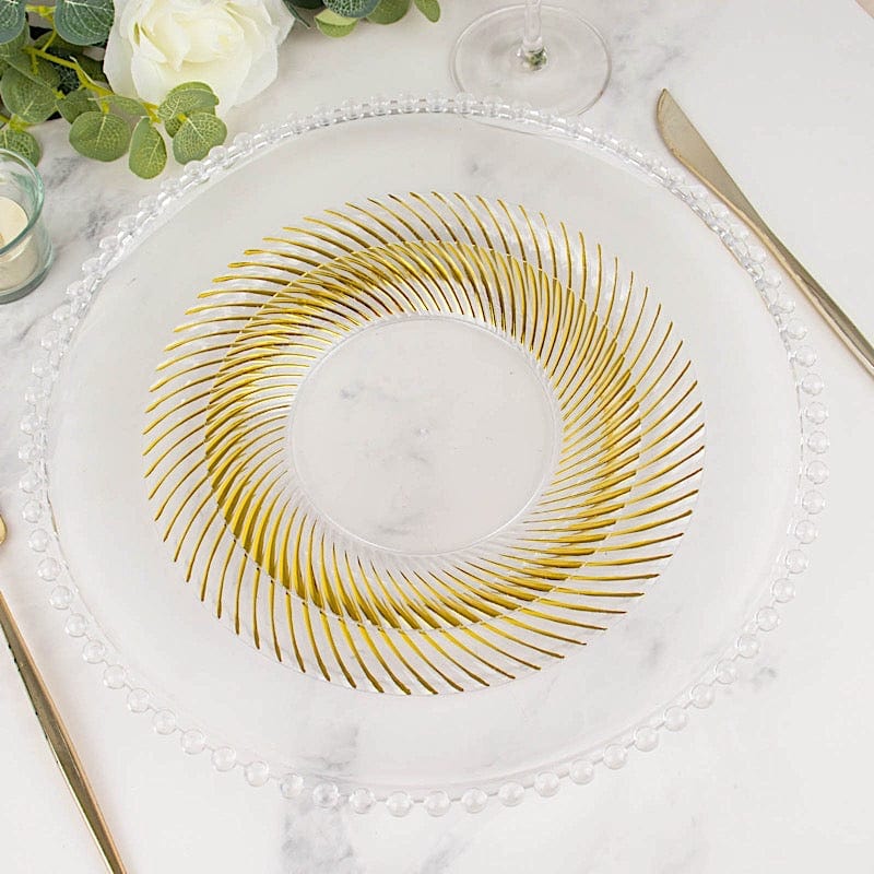 10 Round Disposable Salad and Dinner Plastic Plates with Swirl Design Trim