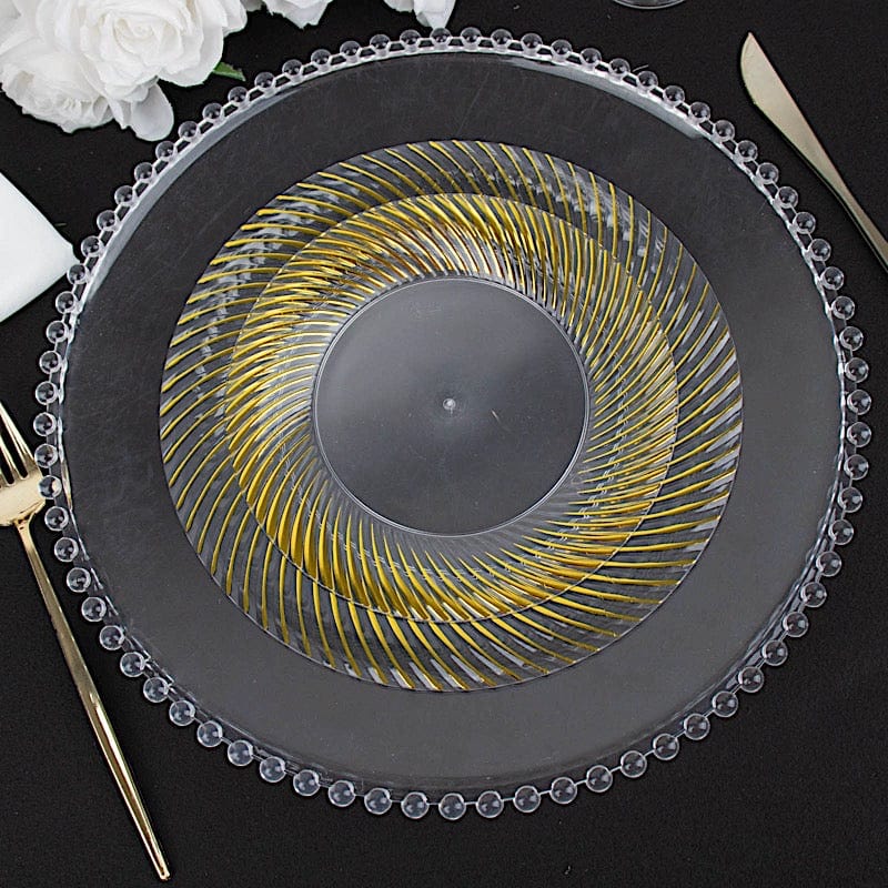 10 Round Disposable Salad and Dinner Plastic Plates with Swirl Design Trim