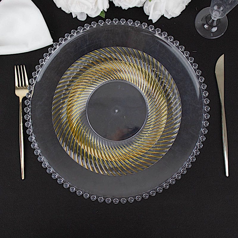 10 Round Disposable Salad and Dinner Plastic Plates with Swirl Design Trim