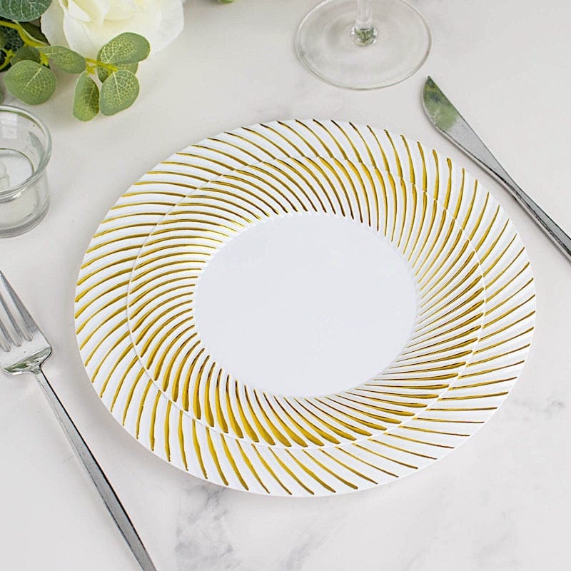 10 Round Disposable Salad and Dinner Plastic Plates with Swirl Design Trim