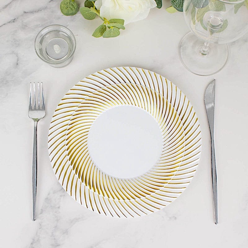 10 Round Disposable Salad and Dinner Plastic Plates with Swirl Design Trim