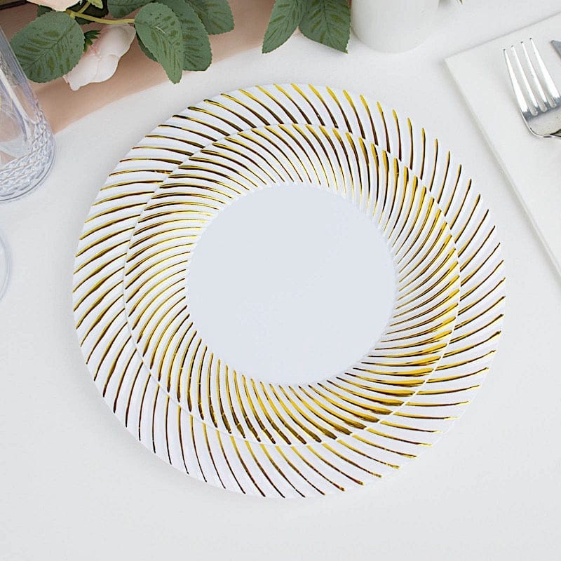 10 Round Disposable Salad and Dinner Plastic Plates with Swirl Design Trim