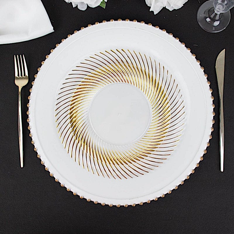 10 Round Disposable Salad and Dinner Plastic Plates with Swirl Design Trim