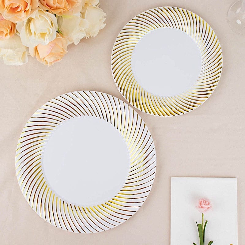 10 Round Disposable Salad and Dinner Plastic Plates with Swirl Design Trim