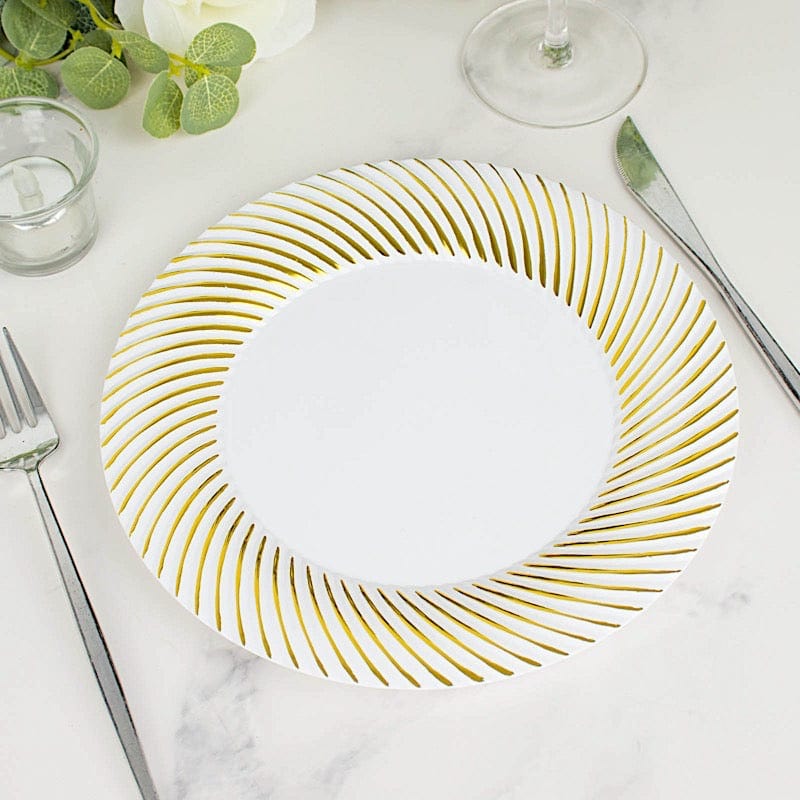 10 Round Disposable Salad and Dinner Plastic Plates with Swirl Design Trim