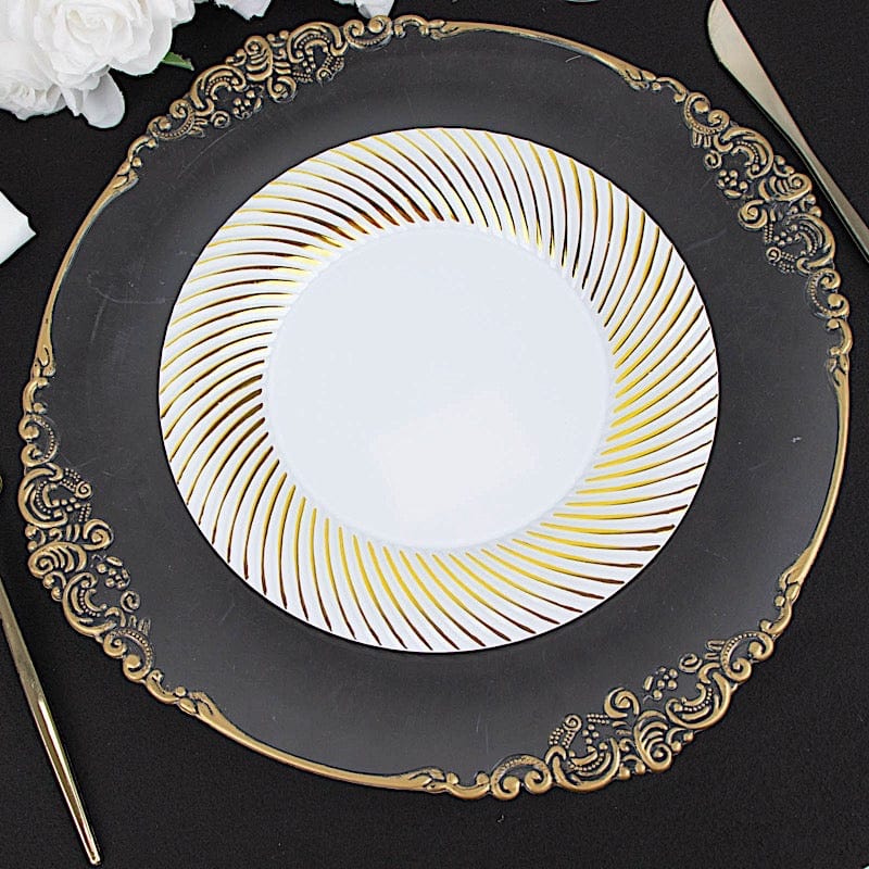 10 Round Disposable Salad and Dinner Plastic Plates with Swirl Design Trim